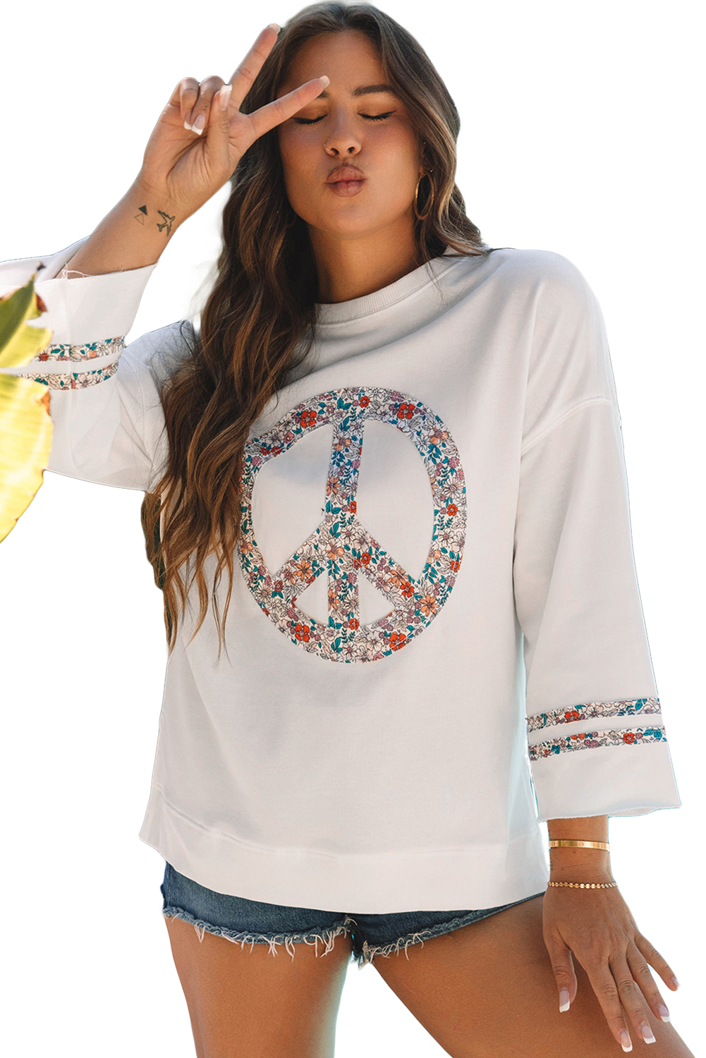 Beige Flower Patch Graphic Exposed Seam Wide Sleeve Top - loveforevers