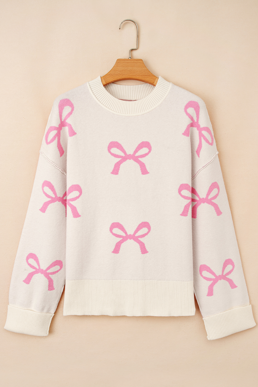 Pink Bow Print Ribbed Trim Exposed Seam Drop Shoulder Loose Sweater - loveforevers