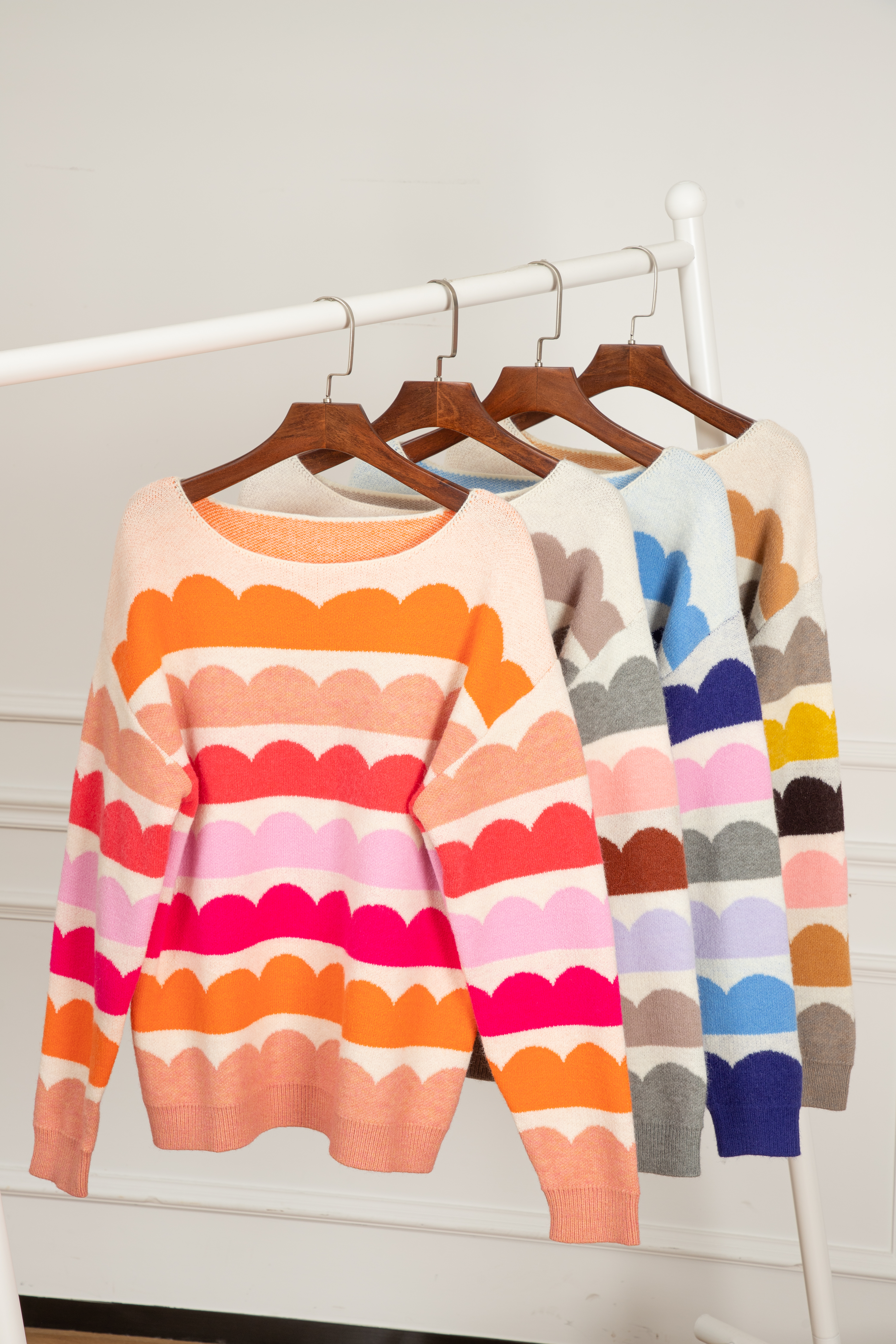 Rose Red Wave Striped Balloon Sleeve Drop Shoulder Sweater - loveforevers