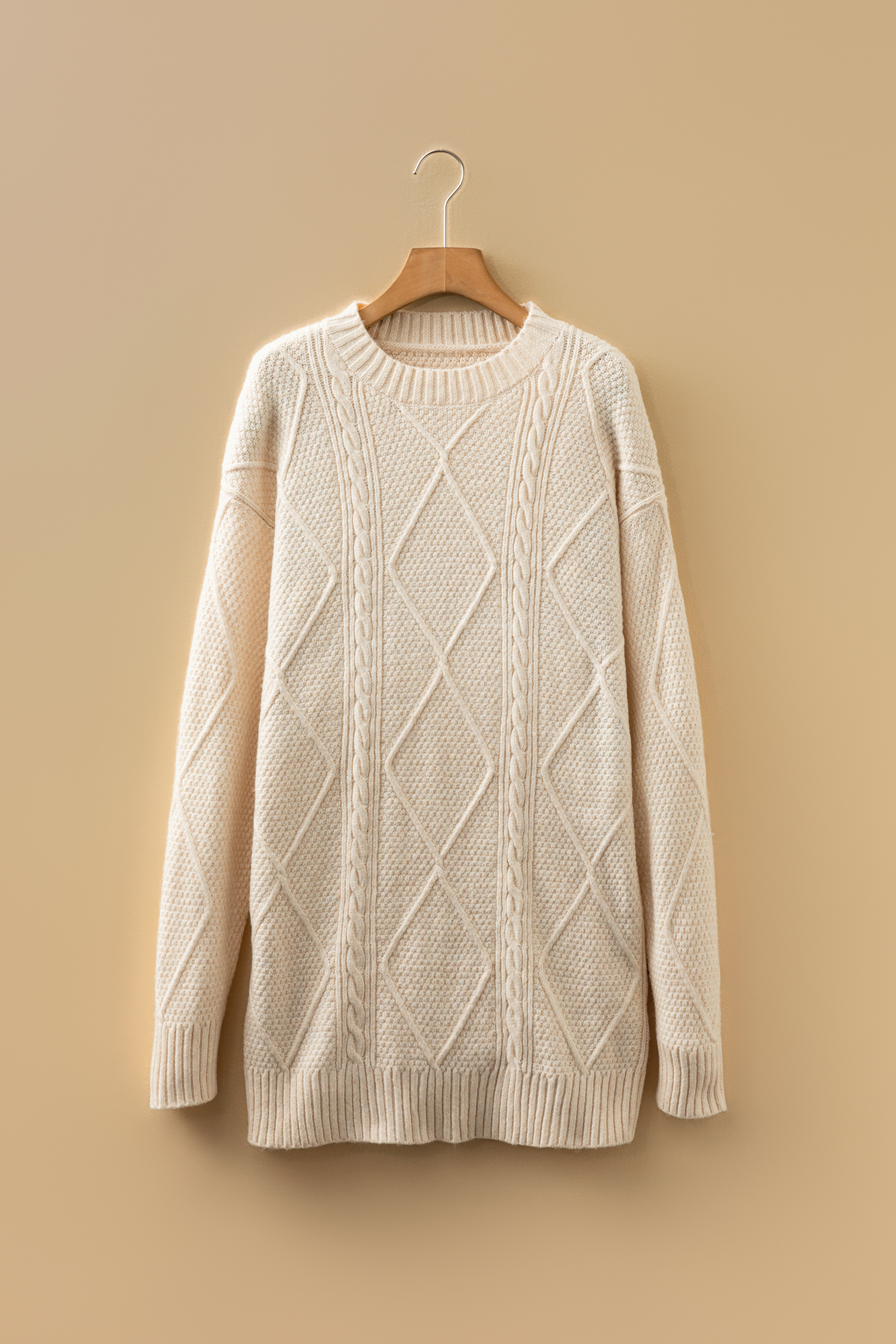 Parchment Cable Knit Drop Shoulder Loose Fit Sweater Dress - loveforevers