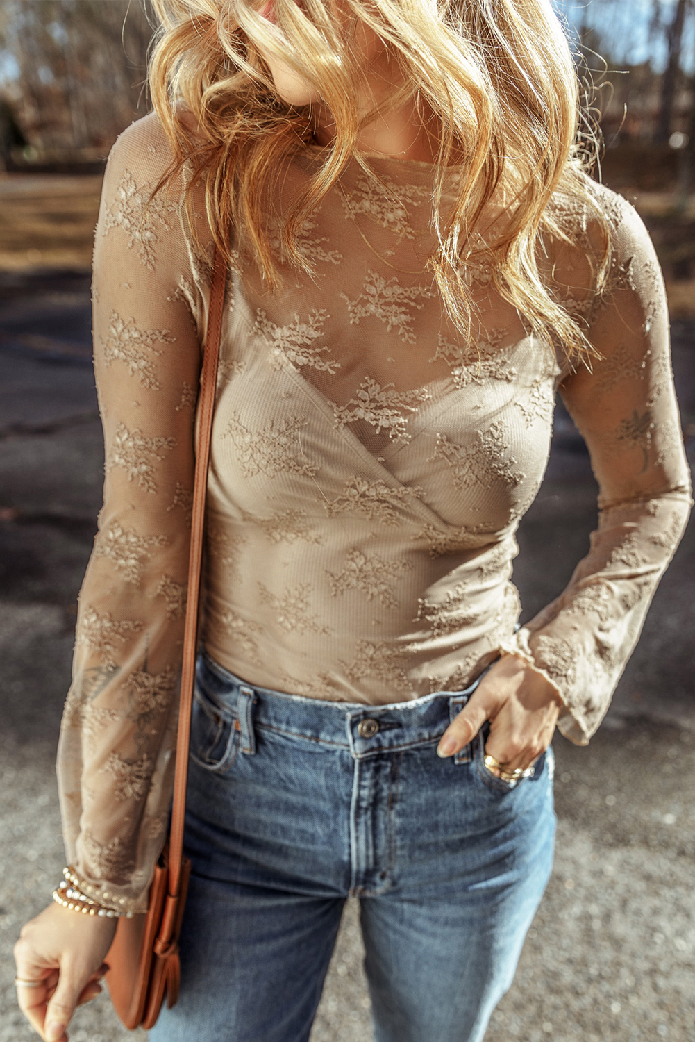 Apricot Lace Mesh Crochet Splicing Slim Fit Long Sleeve Blouse - loveforevers