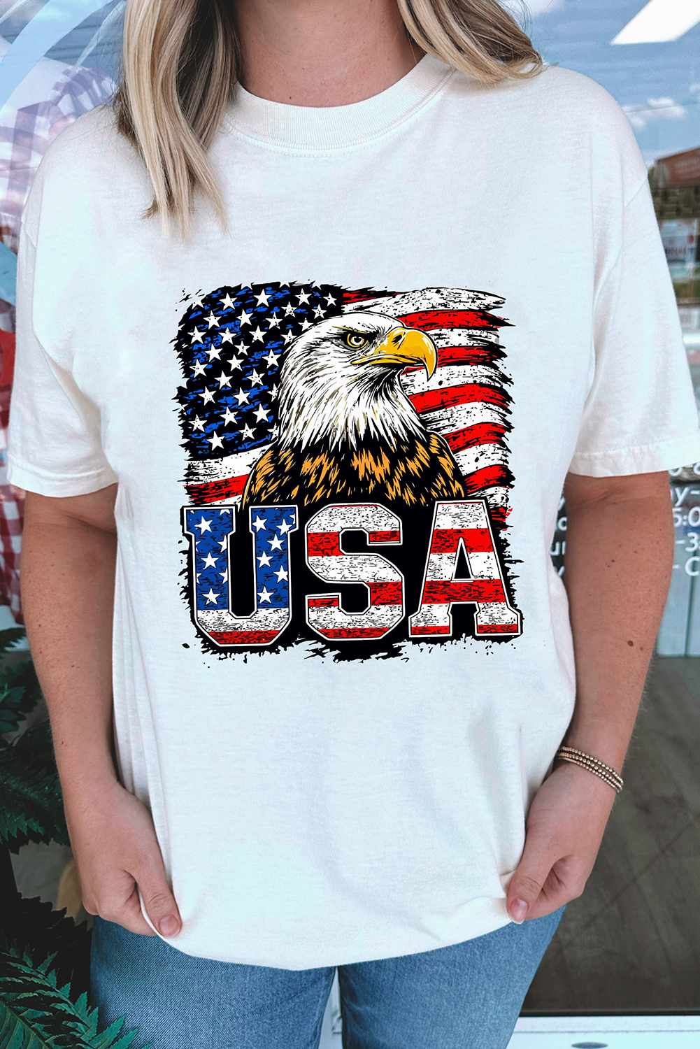 White USA Flag Eagle Graphic 4th July T Shirt - loveforevers