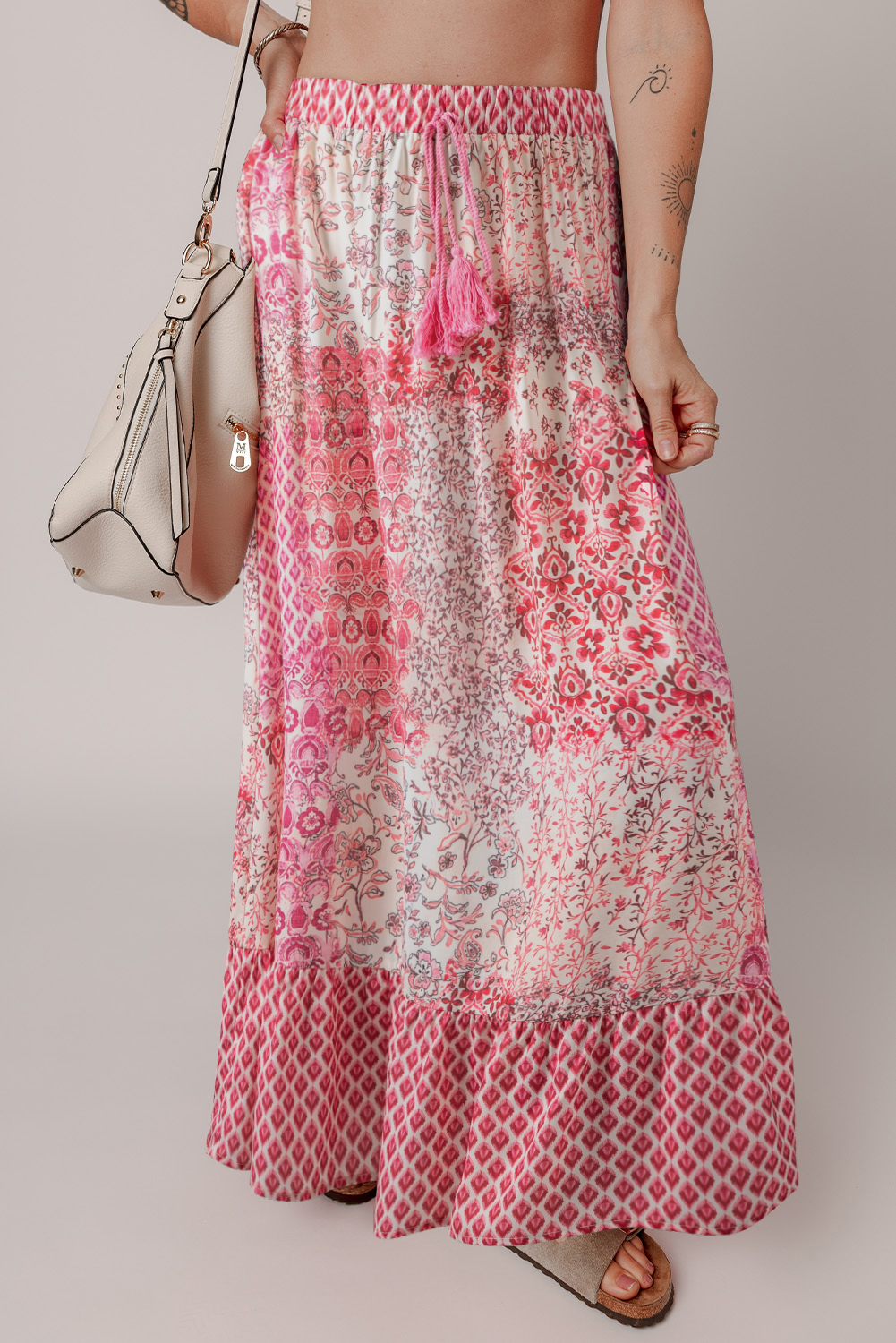 Red Boho Pattern Print Tassel Drawstring Elastic Waistband Maxi Skirt - loveforevers