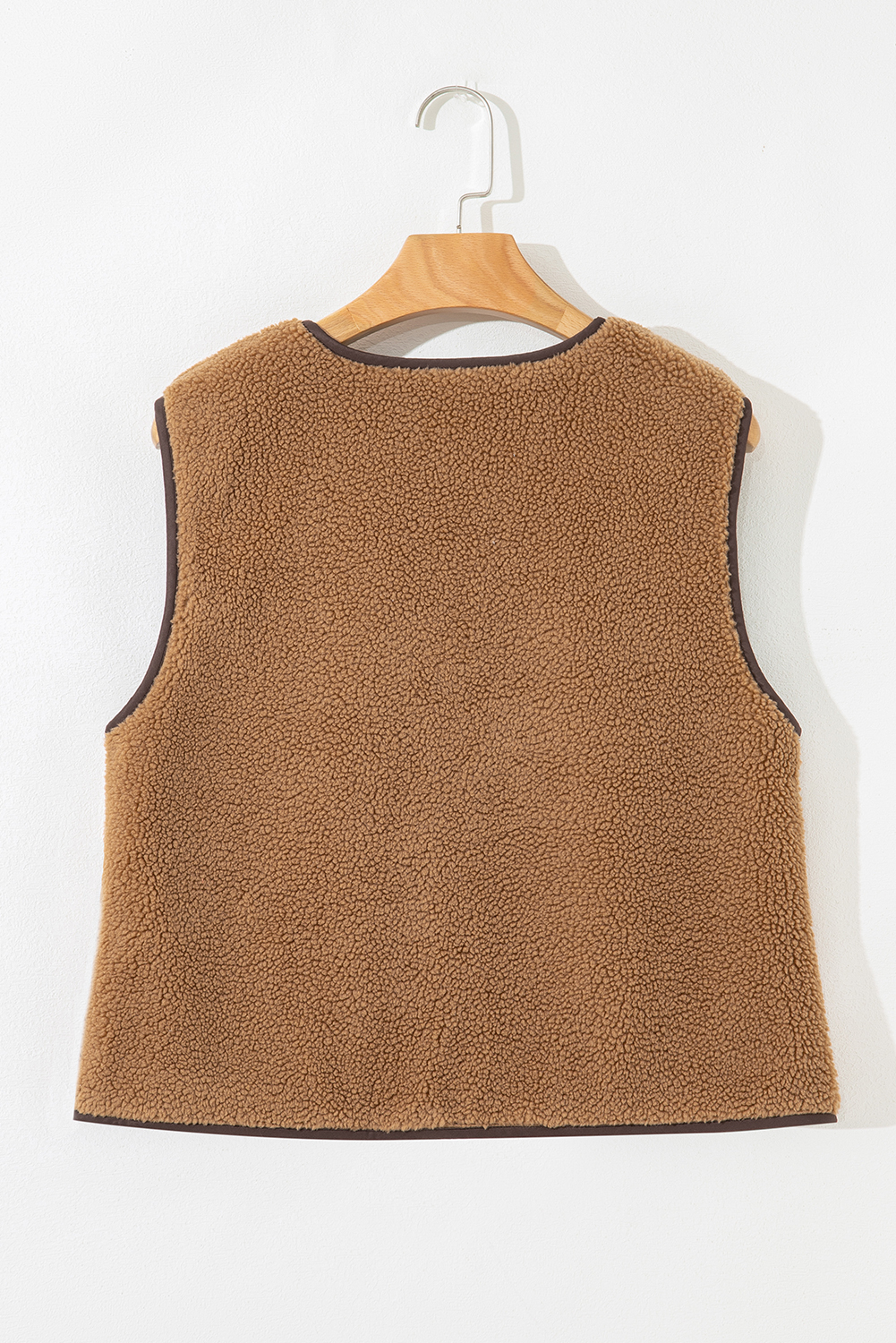 Light French Beige Contrast Trim Tie Front Sherpa Vest - loveforevers