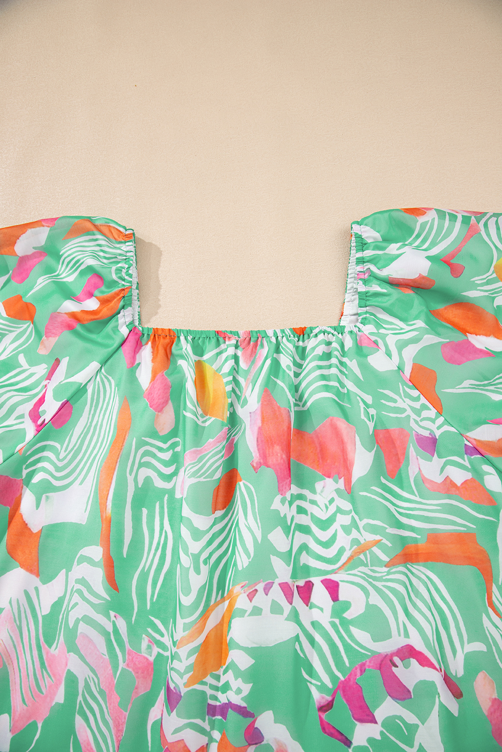 Green Tropical Boho Print Puff Sleeve Square Neck Loose Plus Blouse - loveforevers