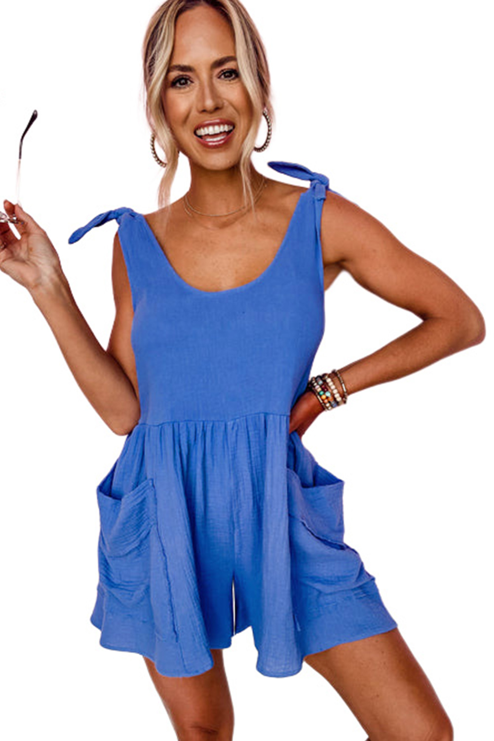 Blue Textured Knotted Straps High Waist Wide Leg Romper - loveforevers
