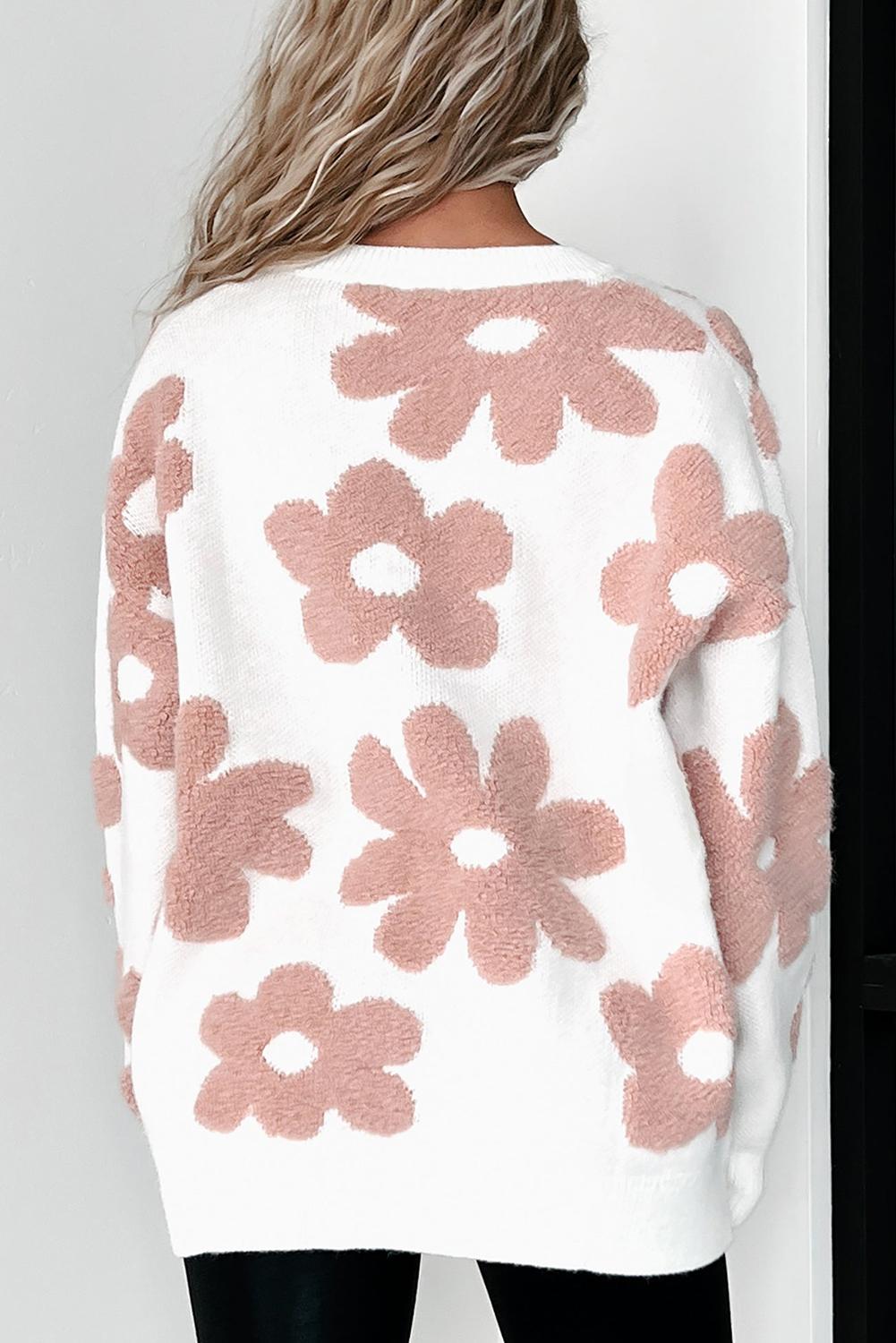 White Textured Flower Drop Shoulder Loose Sweater - loveforevers