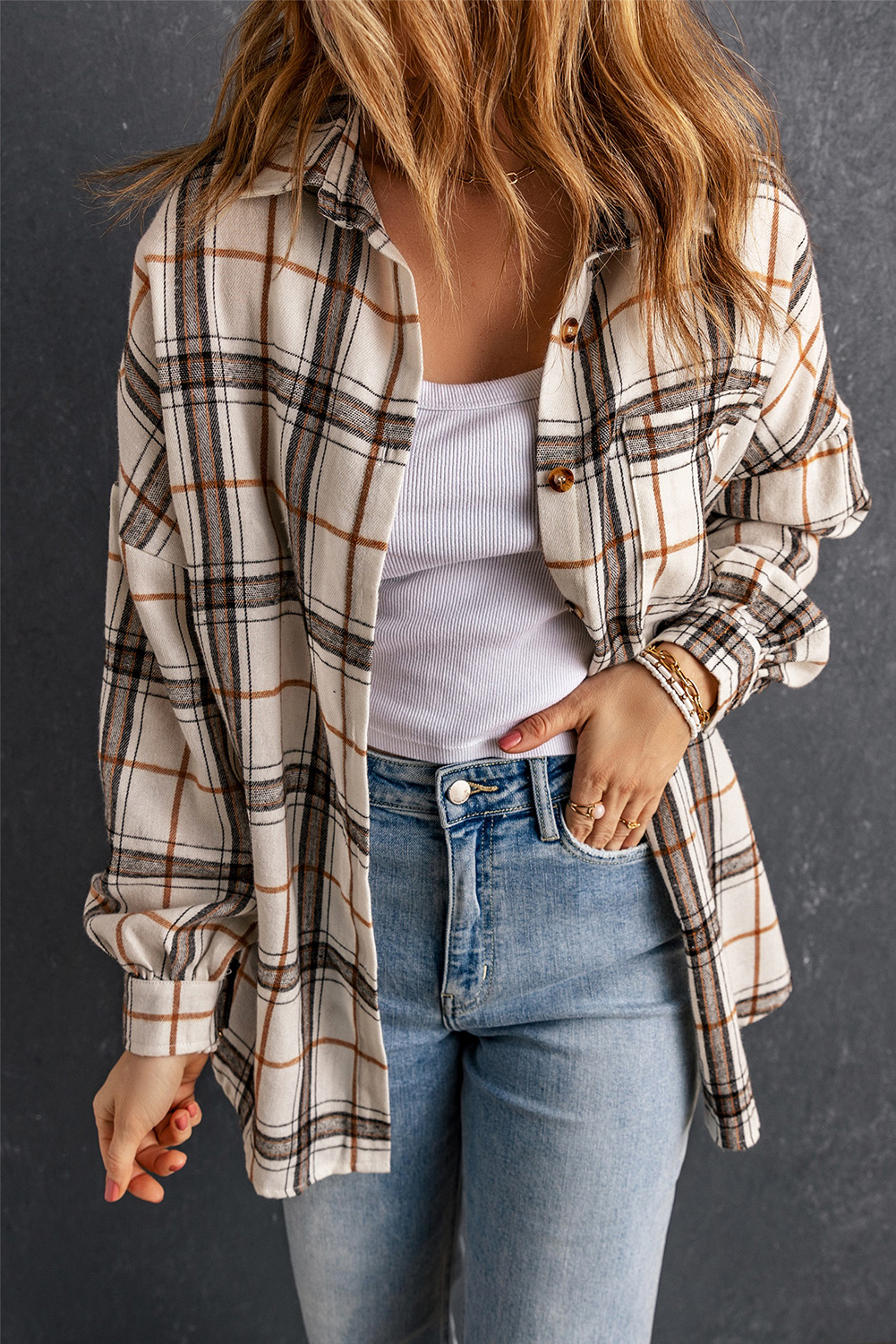 White Oversized Plaid Pattern Shacket with Slits - loveforevers