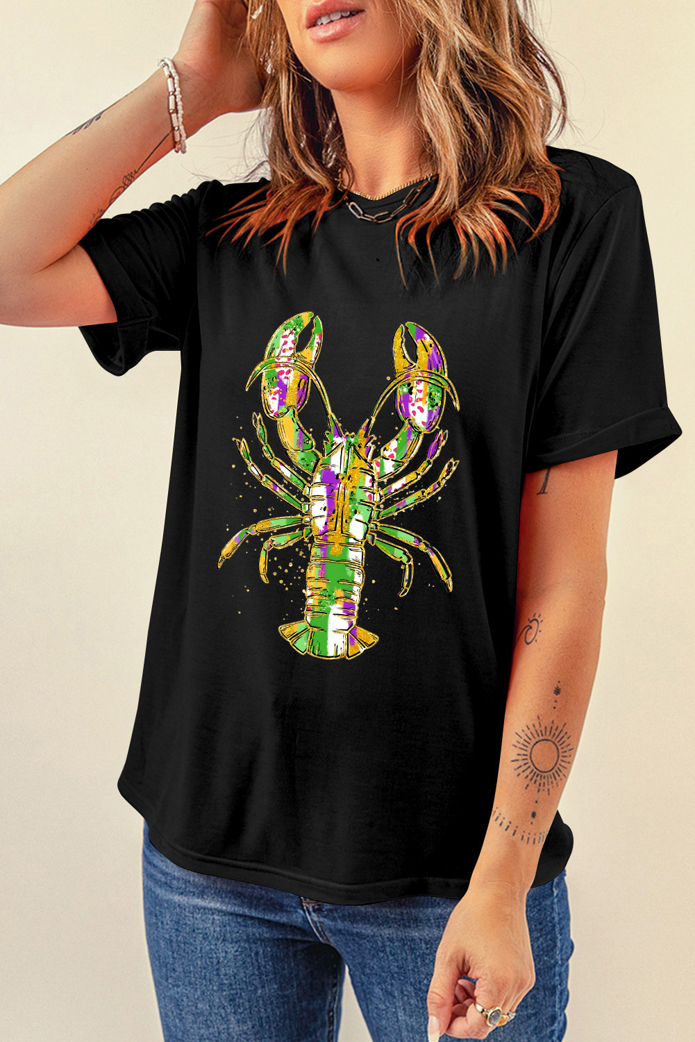 Black Mardi Gras Lobster Heat Transfer Graphic T Shirt - loveforevers