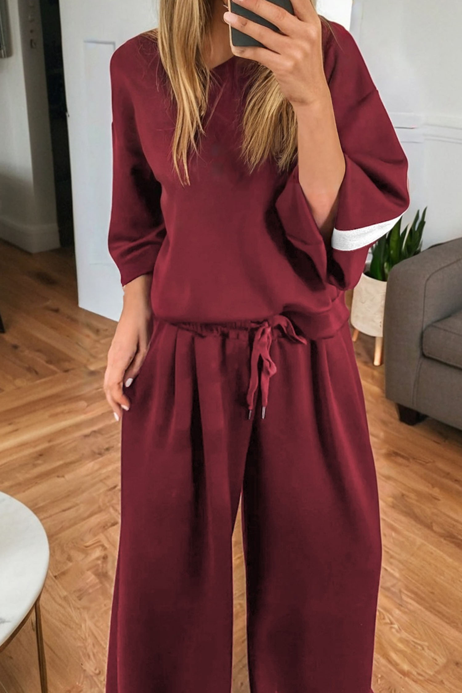 Burgundy Varsity Striped 3/4 Sleeve Pullover Drawstring Sweatpants Set - loveforevers
