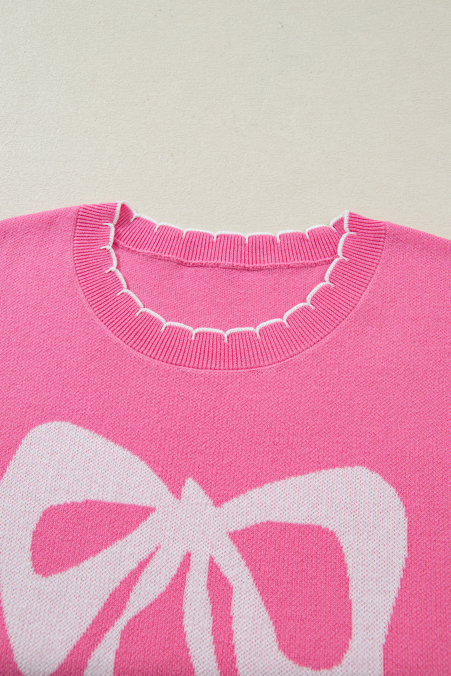 Sachet Pink Big Ribbon Bow Print Contrast Stitch Trim Drop Shoulder Sweater - loveforevers