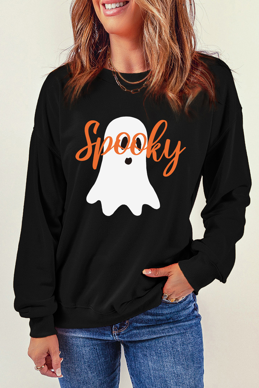 Black Halloween Spooky Ghost Print Crewneck Pullover Sweatshirt - loveforevers