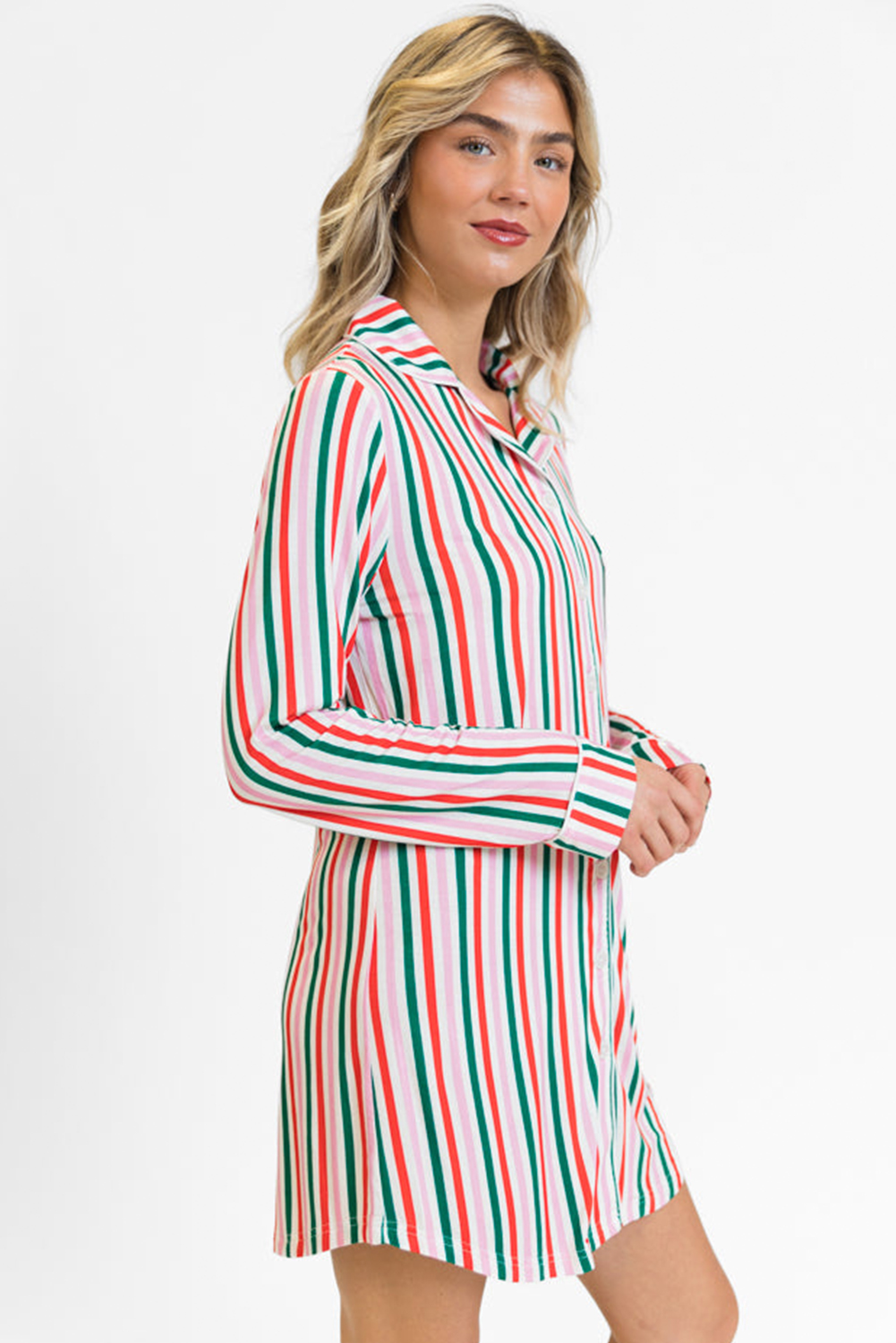Pink Stripe Christmas Long Sleeve Shirt Style Lounge Dress - loveforevers