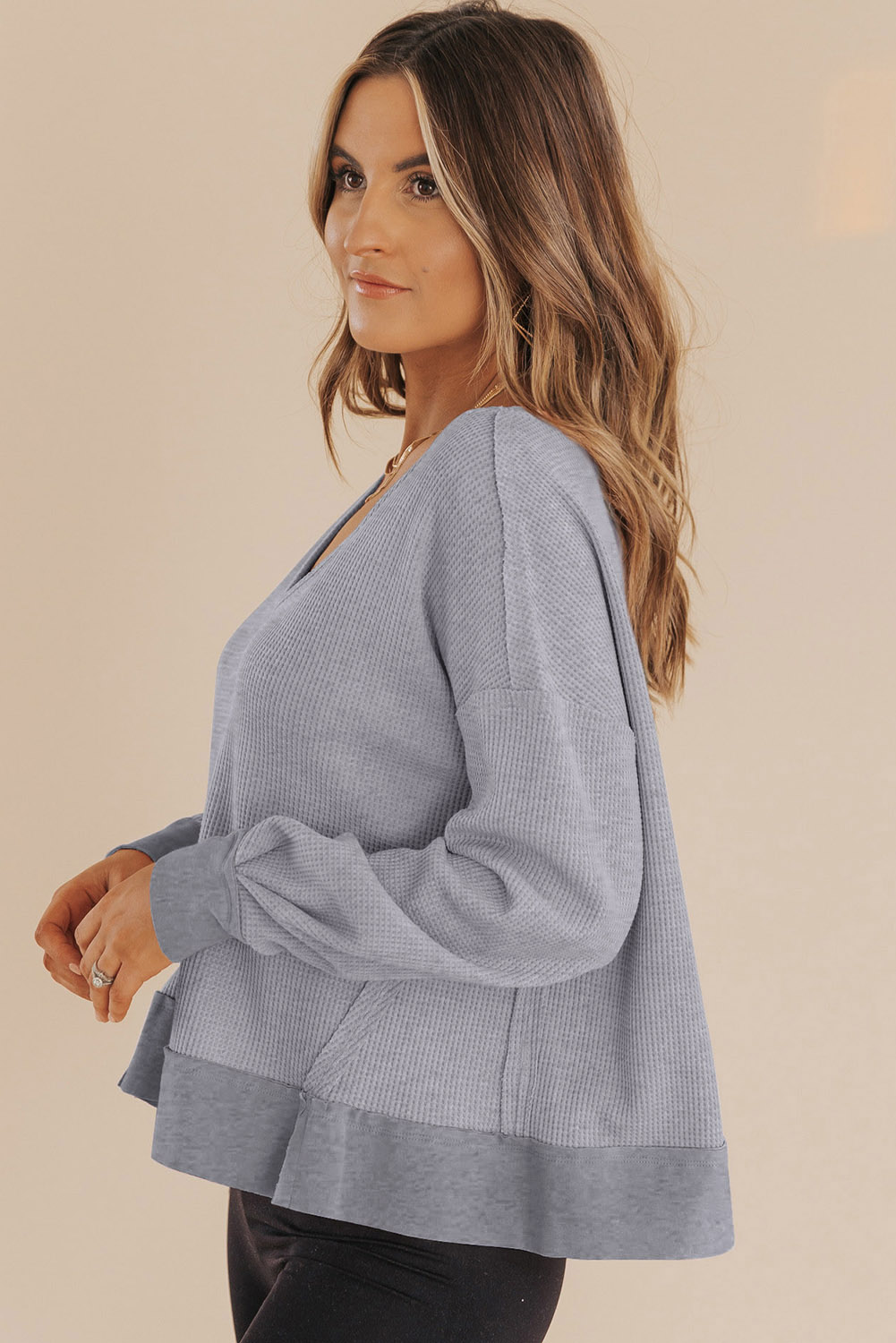 Dark Brown Waffle Knit Notched V Neck Drop Shoulder Solid Sweatshirt - loveforevers