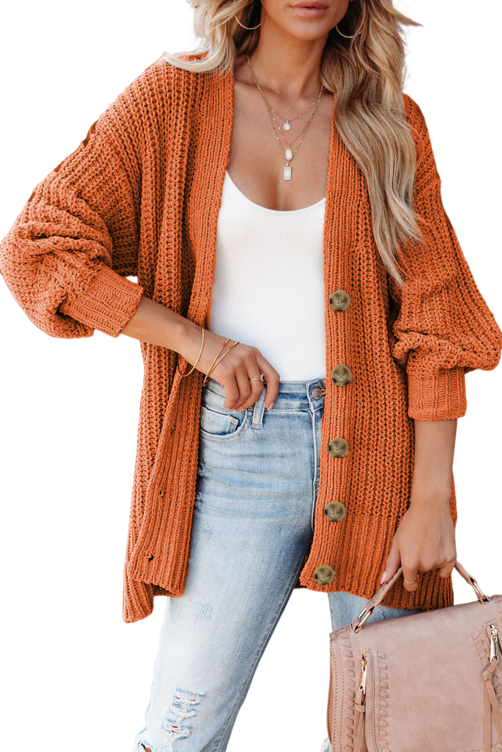 Gold Flame Button Front V Neck Chunky Cardigan Sweater - loveforevers