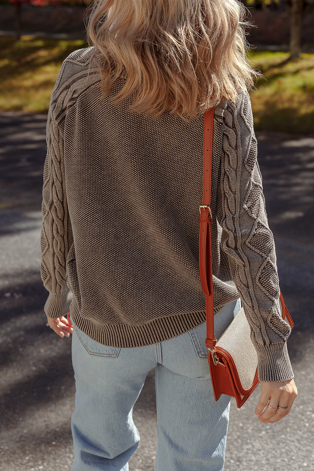 Dark Brown Contrast Cable Knit Sleeve Casual Sweater - loveforevers