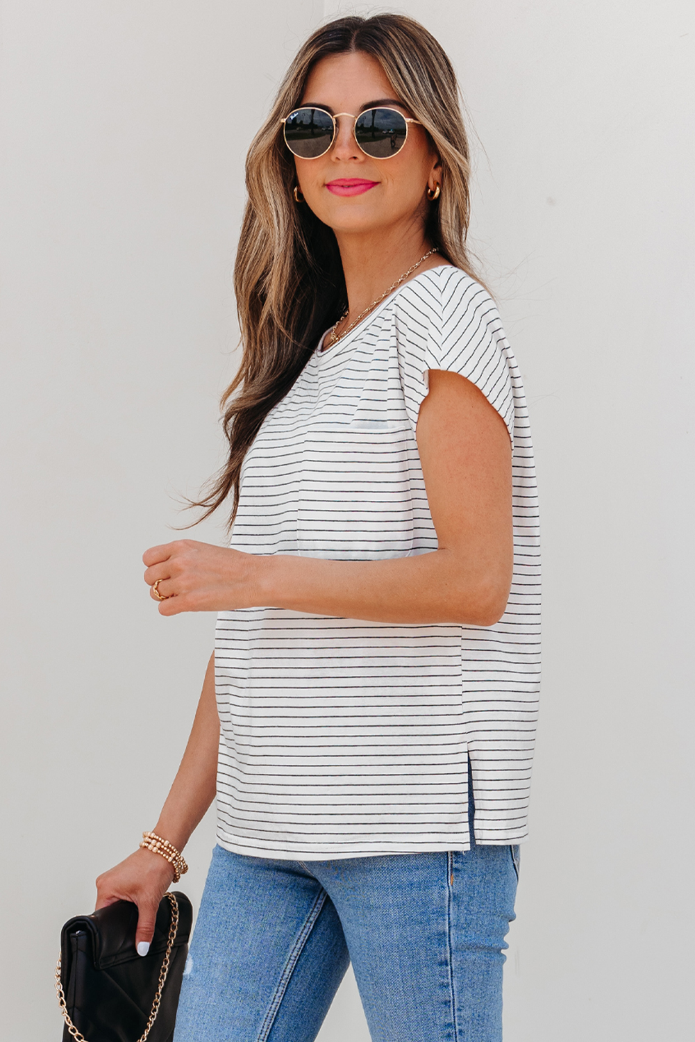 White Stripe Cap Sleeve Crew Neck Casual Tee with Chest Pocket - loveforevers
