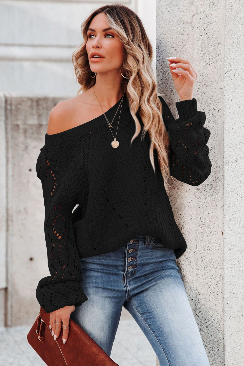 Black Hollow-out Puffy Sleeve Knit Sweater - loveforevers