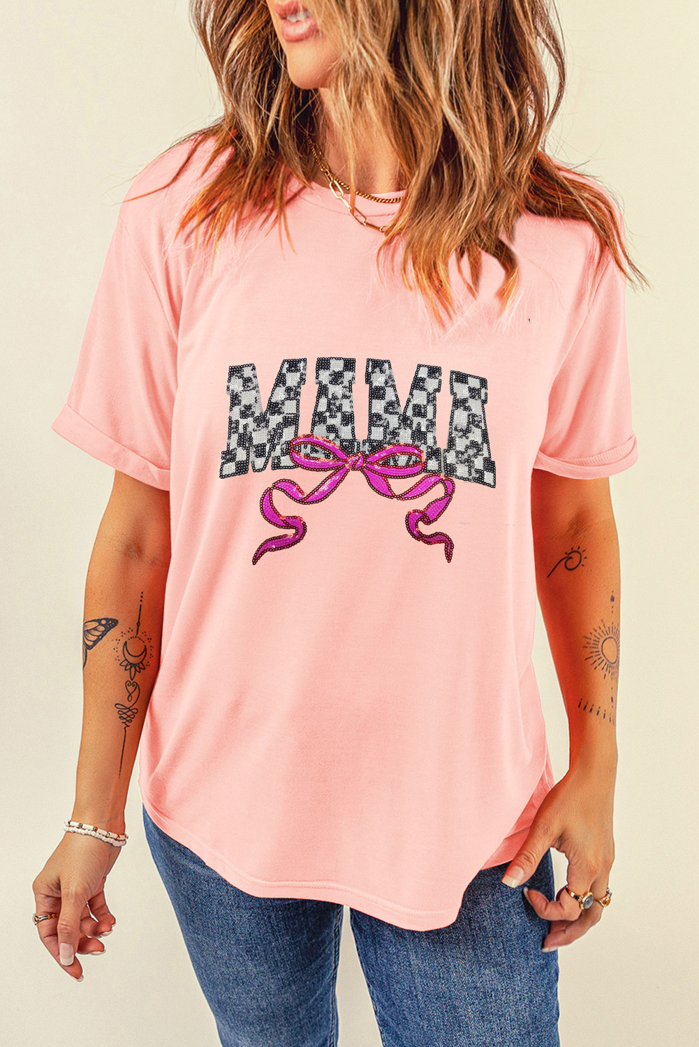 Pink Sequin Checkered MAMA Bow Graphic T Shirt - loveforevers