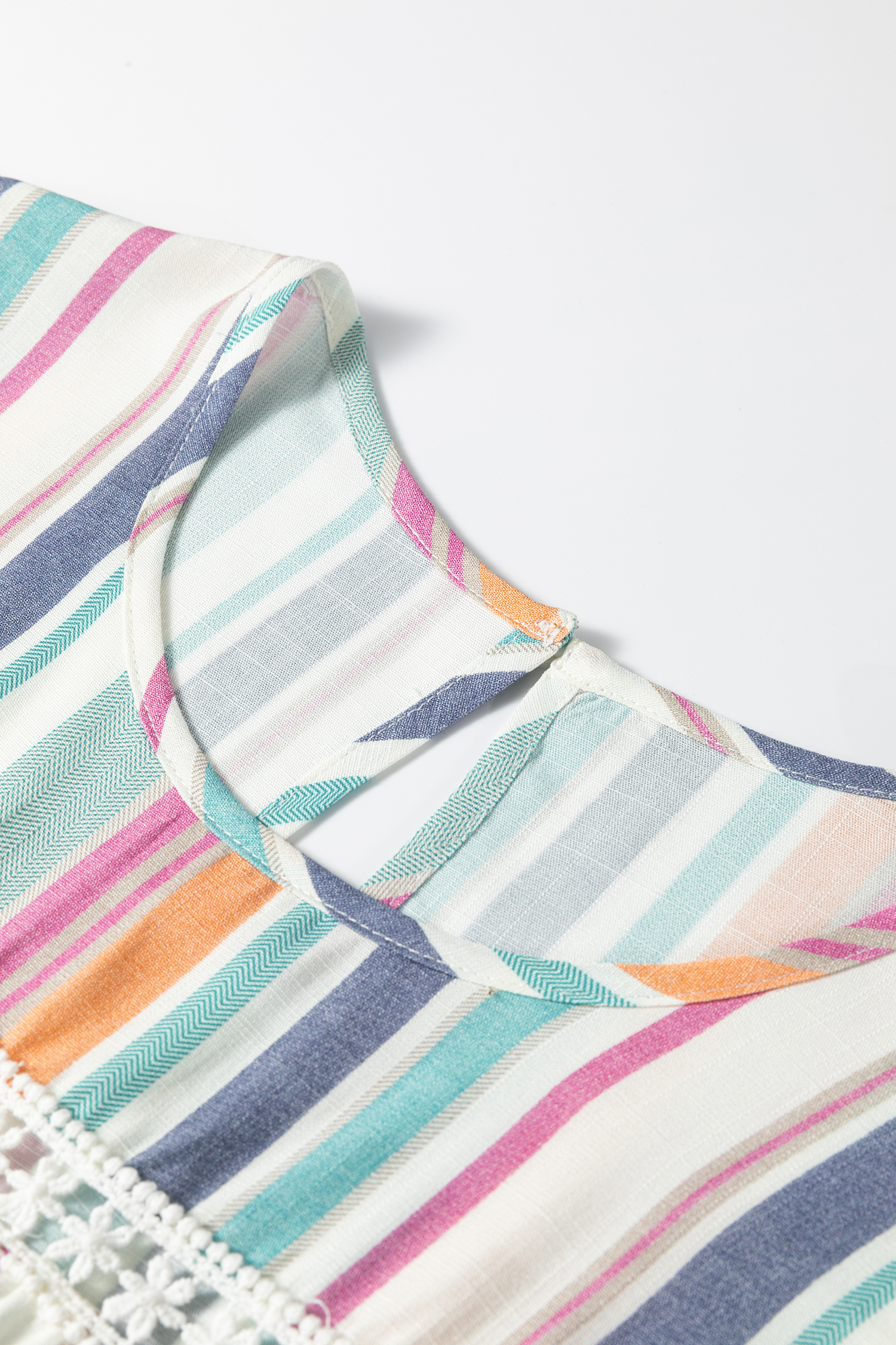 Light Blue Lace Hollow-out Insert Flutter Sleeve Striped Blouse - loveforevers