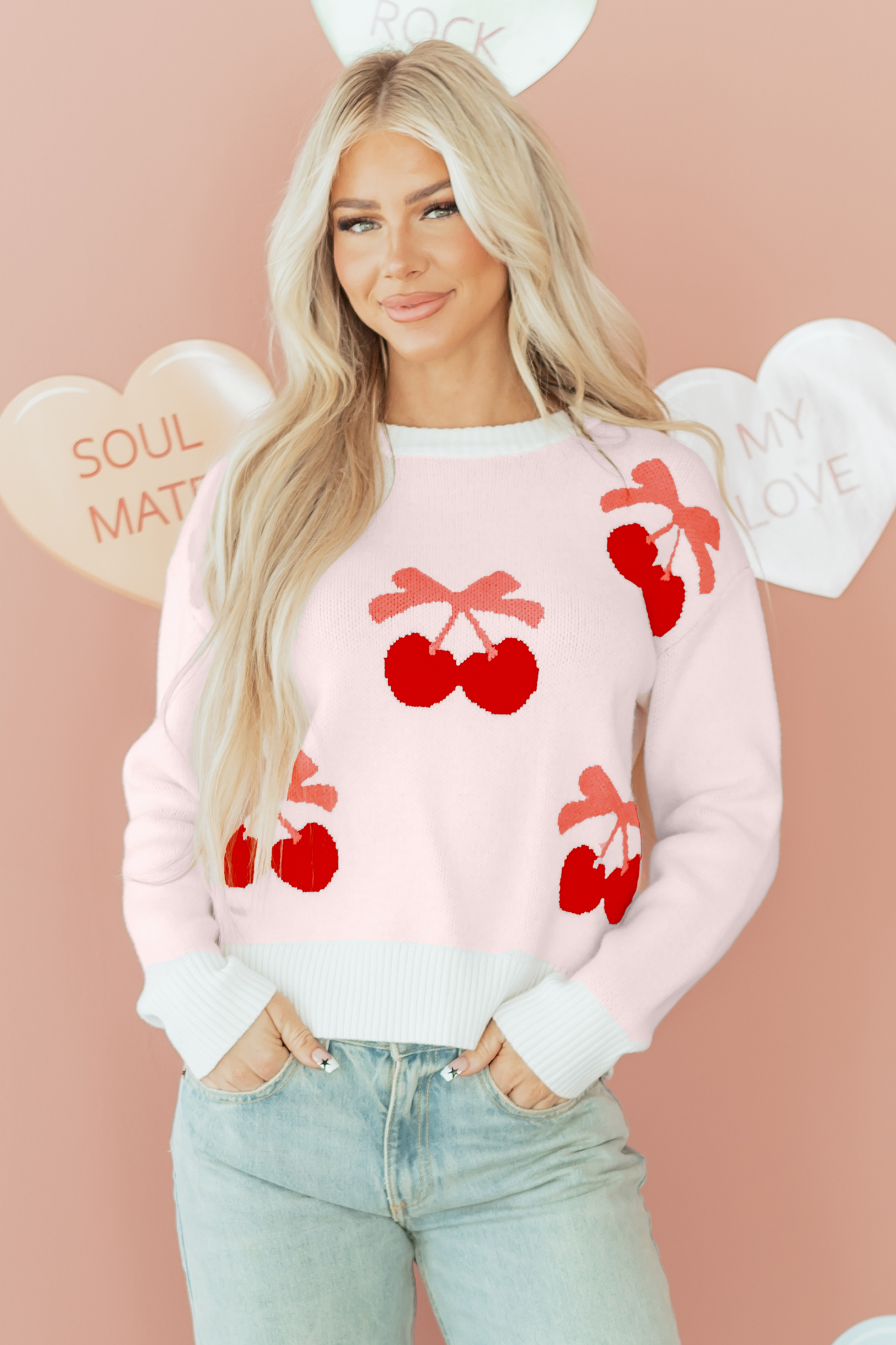 White Cherry Pattern Drop Shoulder Sweater - loveforevers