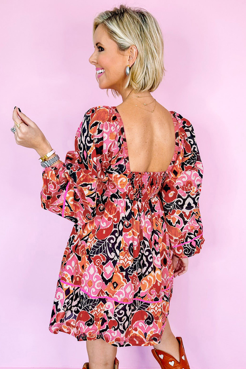 Pink Bohemian Square Neck Puff Sleeve Mini Dress - loveforevers