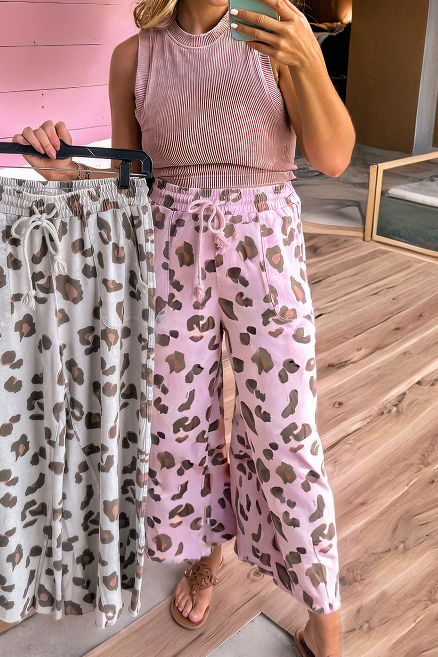 Beige Drawstring Leopard Print Patch Pocket Loose Pants - loveforevers