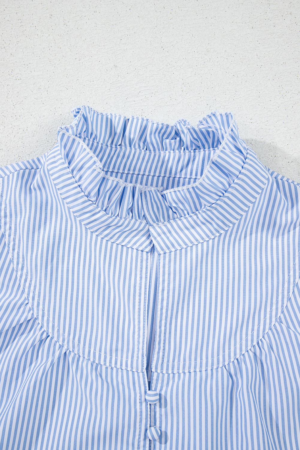 Sky Blue Stripe Ruffled Collar Puff Sleeve Half Buttons Blouse - loveforevers