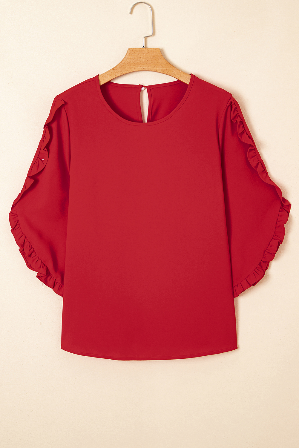 Black Ruffle Trimmed 3/4 Sleeve Round Neck Blouse - loveforevers