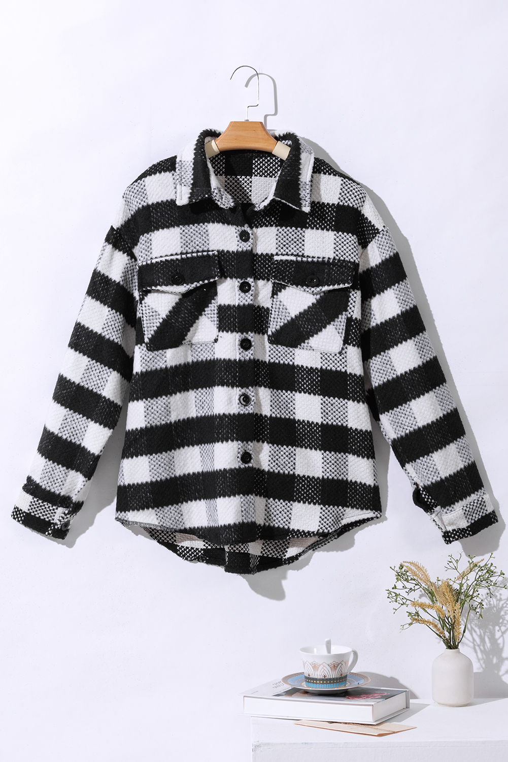 Black Plaid Textured Flap Pocket Shacket - loveforevers