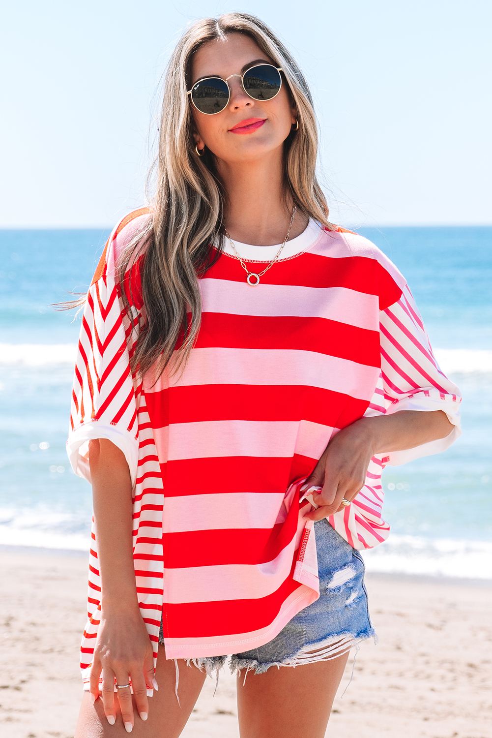 Pink Stripe Patchwork Round Neck Side Split Loose T Shirt - loveforevers