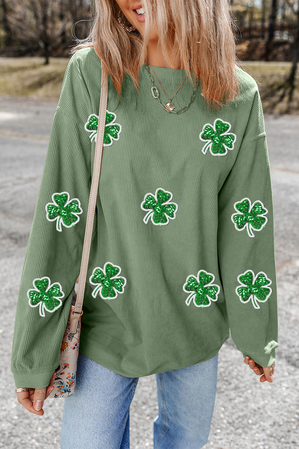 Grass Green Ribbed Four Leaf Clover Graphic St. Patricks Pullover Sweatshirt - loveforevers