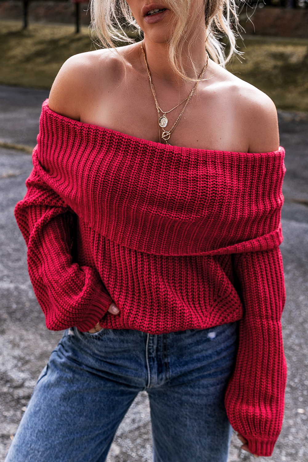 Racing Red Off-the-shoulder Knit Sweater - loveforevers