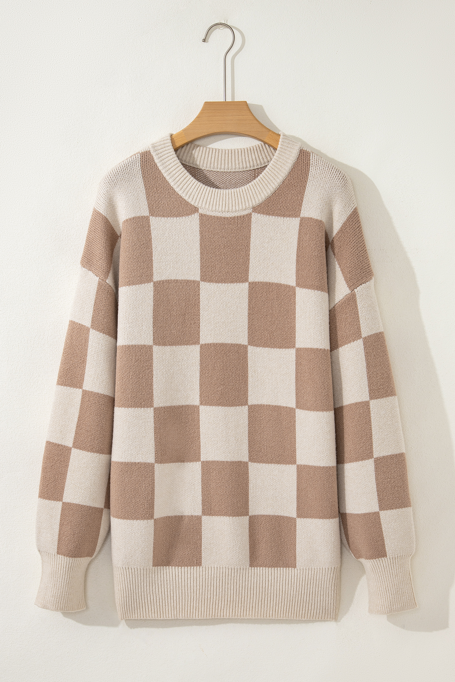Parchment Checkered Pattern Ribbed Trim Knit Baggy Sweater - loveforevers