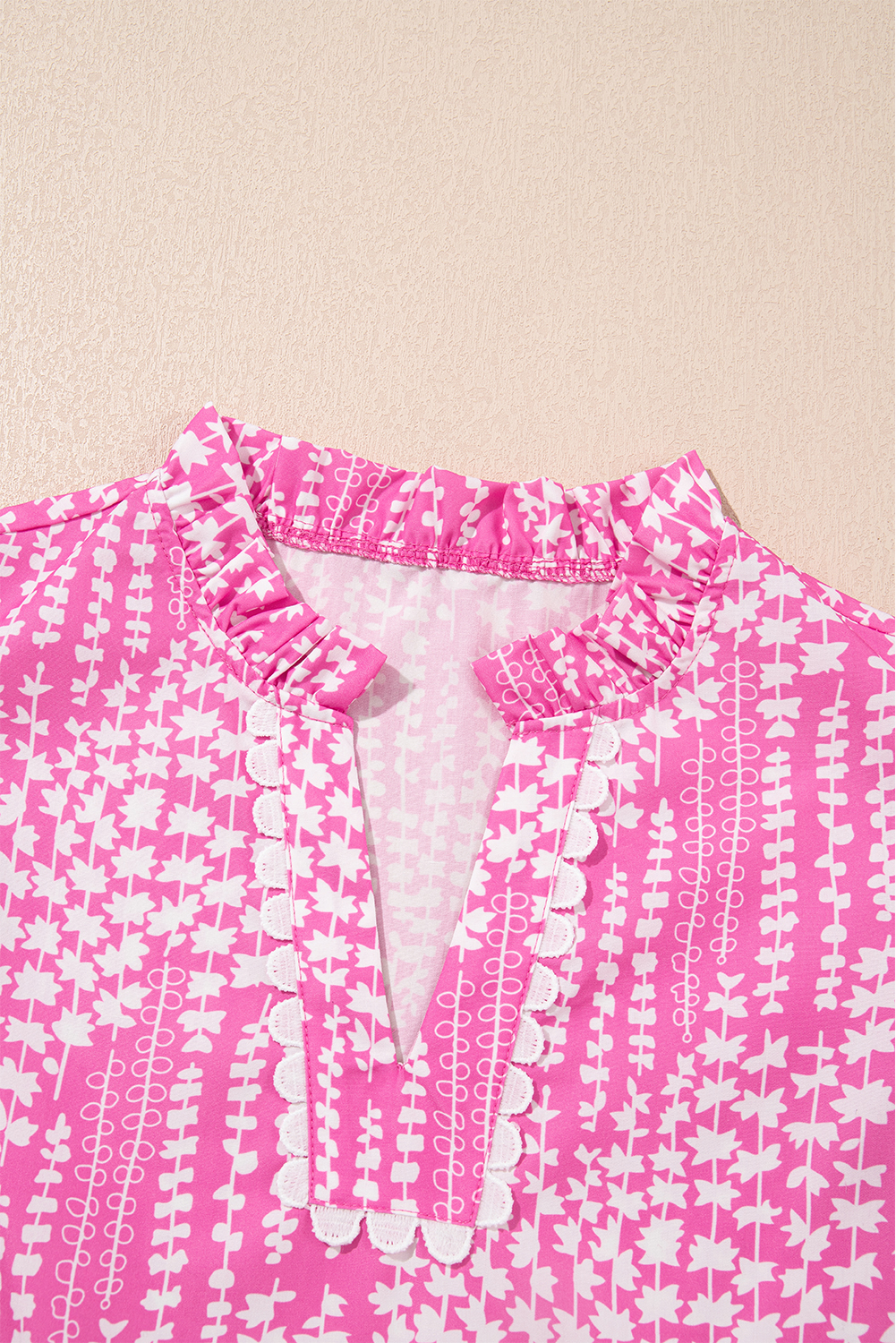 Pink Abstract Print Ric Rac Trim Flutter Sleeve Notch V Neck Blouse - loveforevers