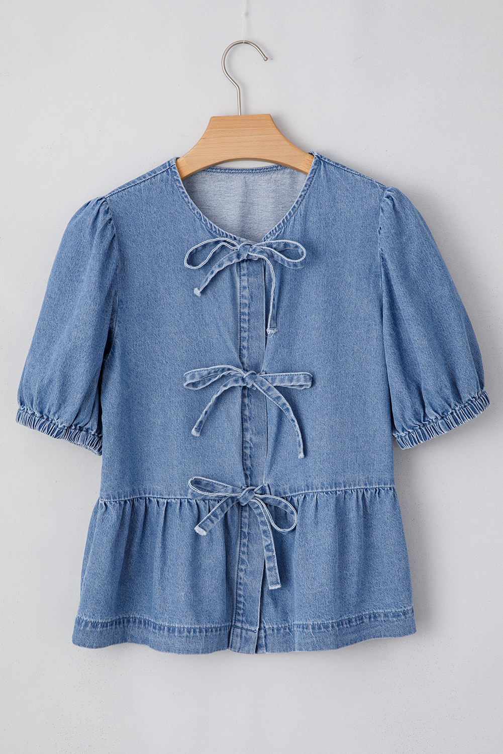 Dusk Blue Tied Front Bubble Sleeve Peplum Denim Shirt - loveforevers