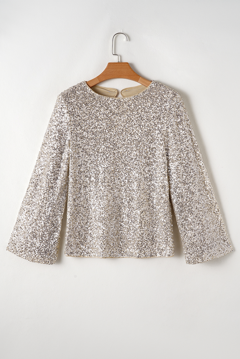 Silvery Sequin Puff Sleeve Cutout Back Blouse - loveforevers