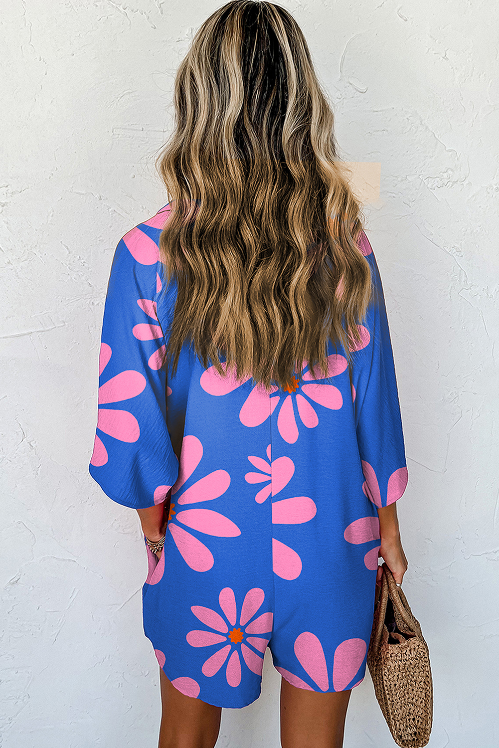 Blue Summer Flower Print Shirt Collar Button Front Loose Romper - loveforevers