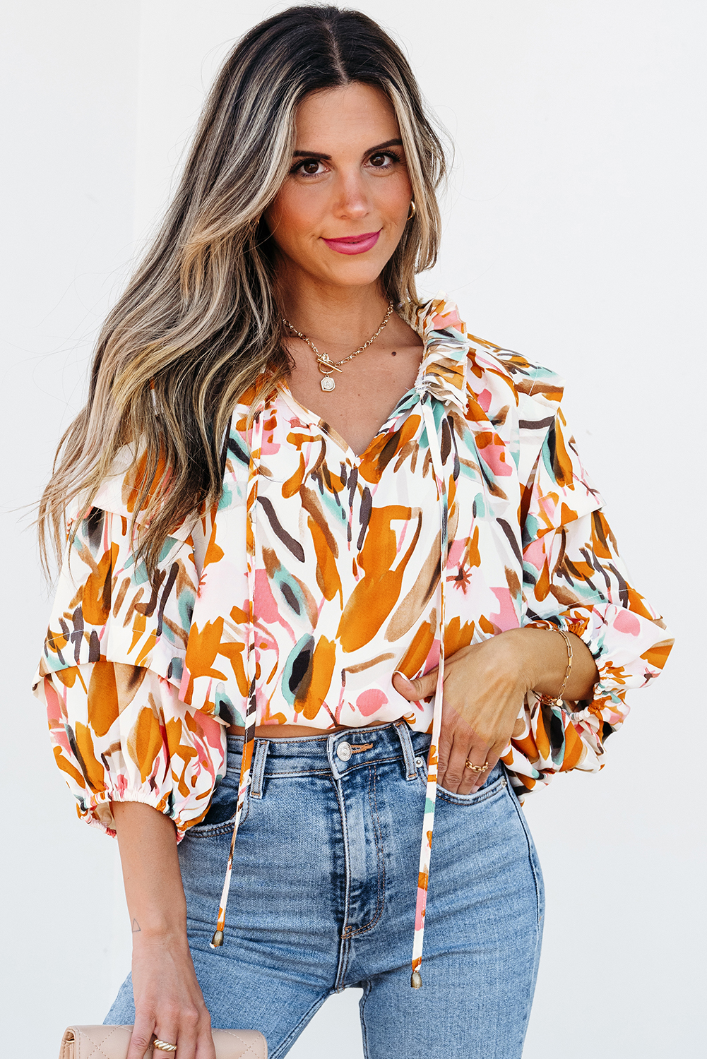Yellow Abstract Print Drawstring Frilled V Neck 3/4 Sleeve Blouse - loveforevers