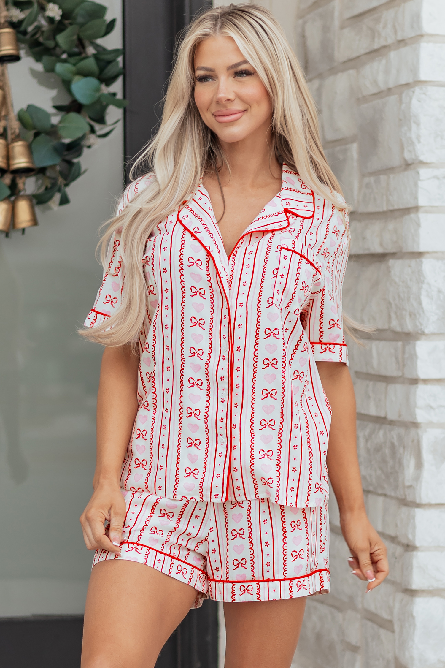 Red Cute Bow Heart Print Ribbon Decor Short 2pcs Pajama Set - loveforevers