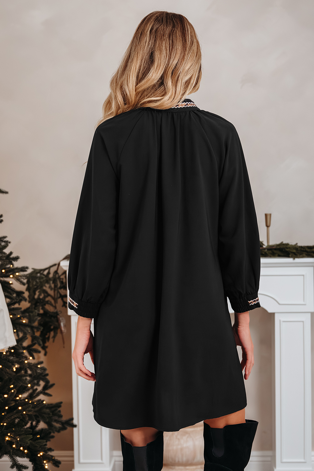 Black Contrast Trim V Neck Bracelet Sleeve Shift Mini Dress - loveforevers