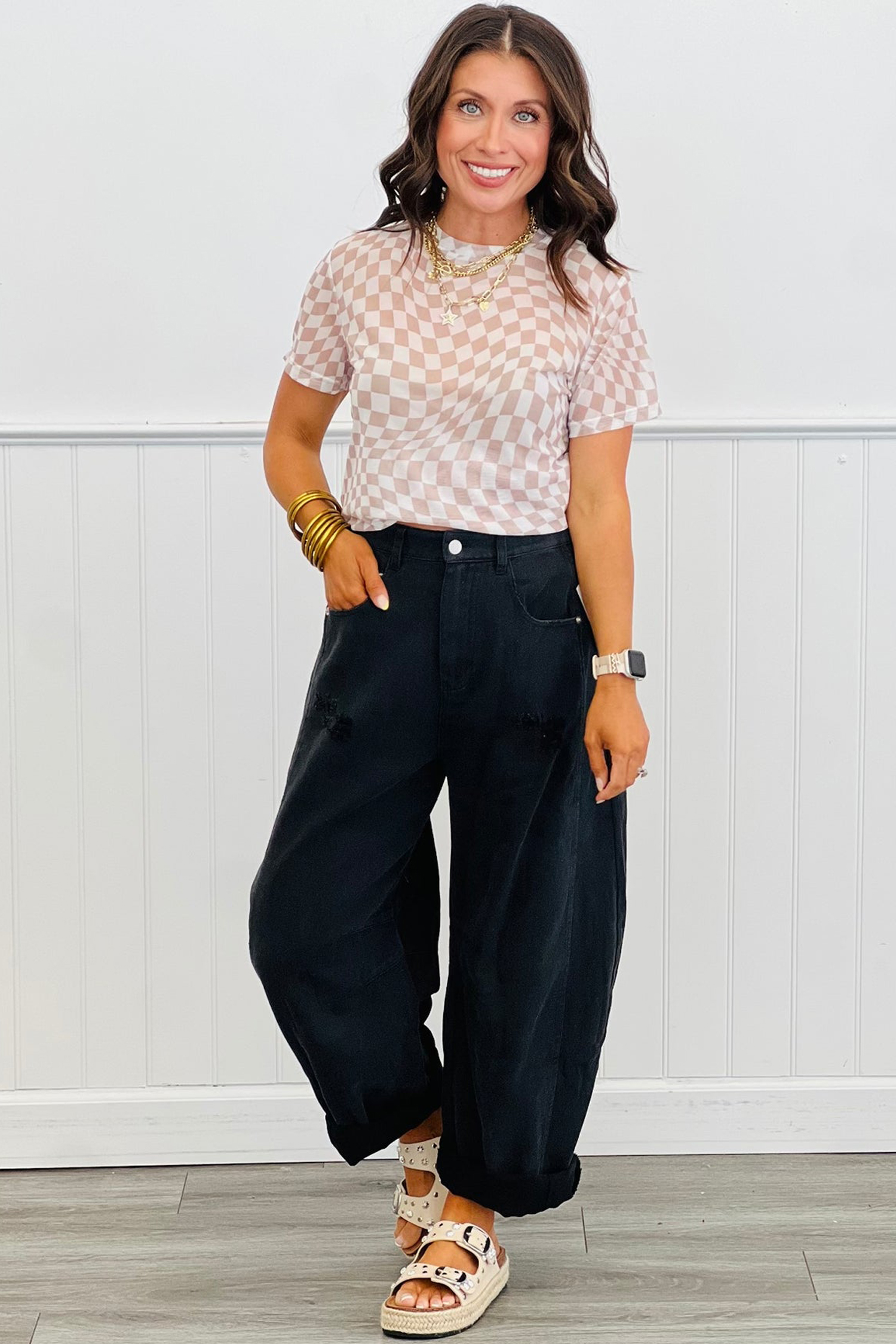 Purple Checkered Print Mock Neck Mesh T Shirt - loveforevers