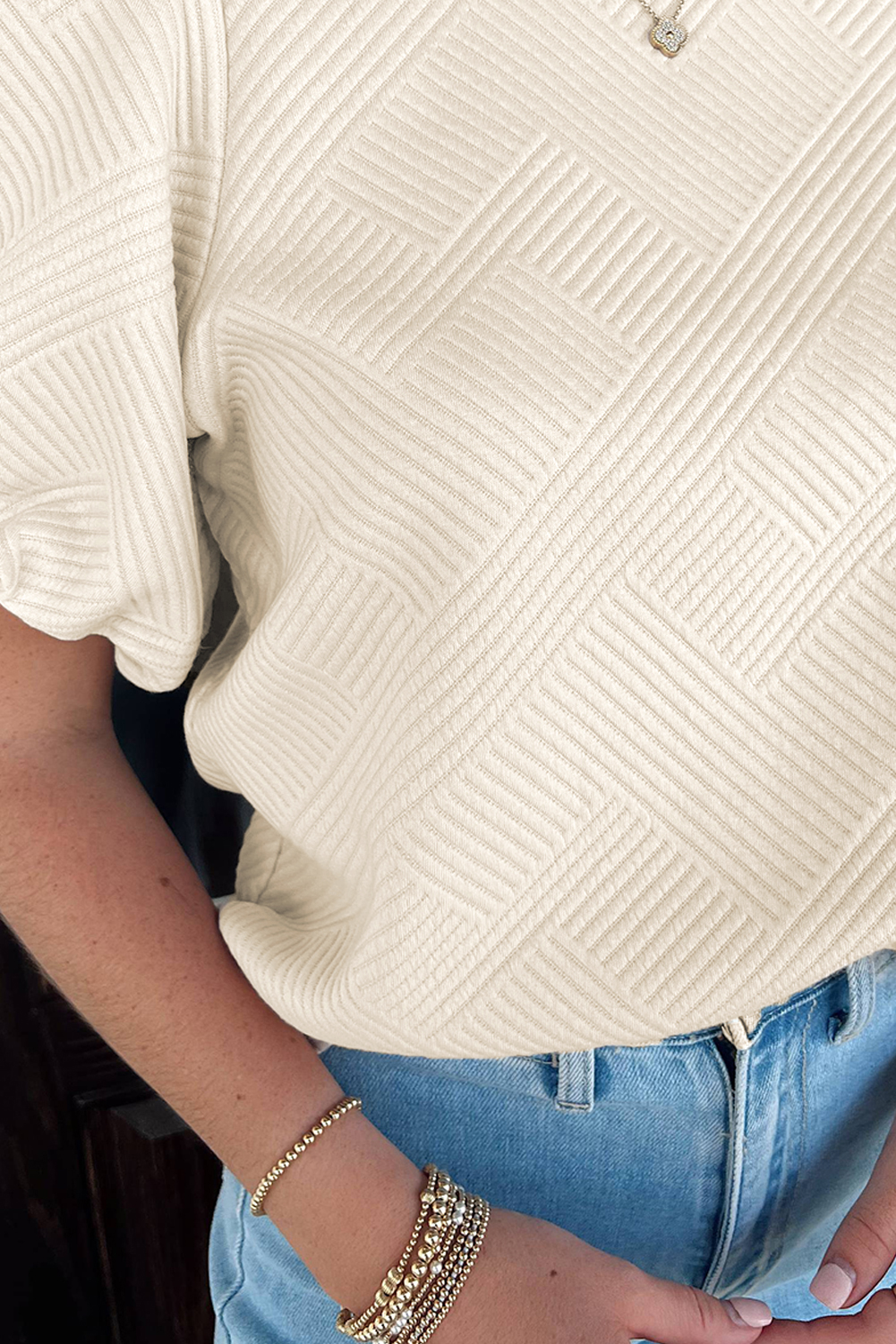 Oatmeal Textured Puff Sleeve T-shirt - loveforevers