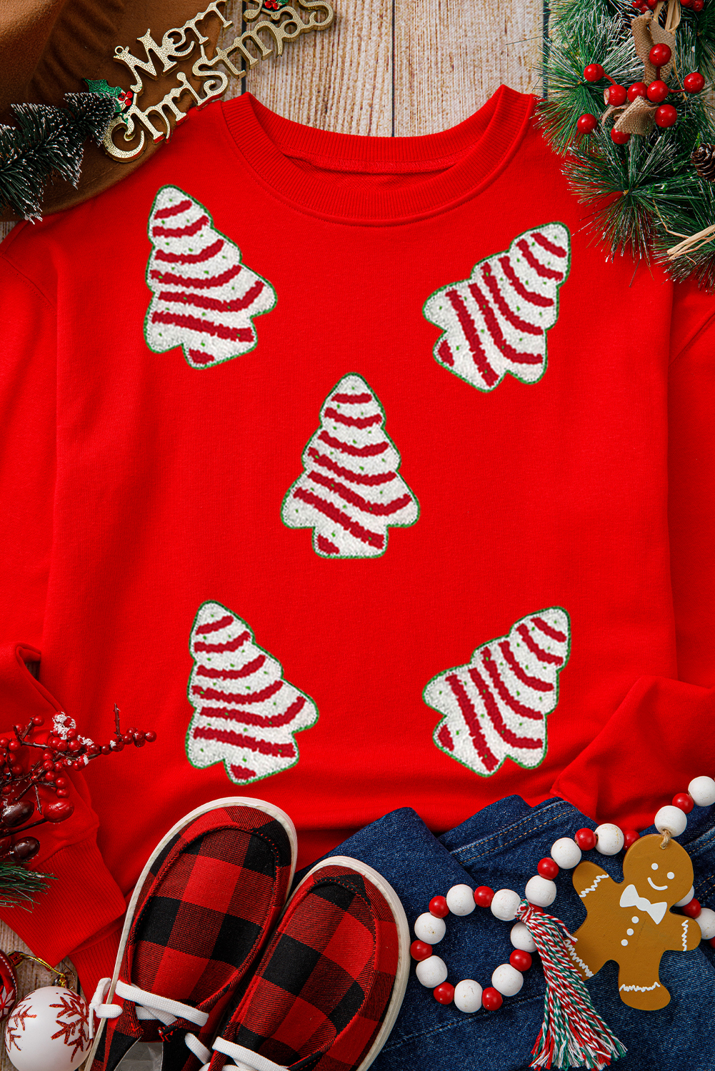 Red Playful Christmas Tree Patched Dropped Shoulder Sweatshirt - loveforevers