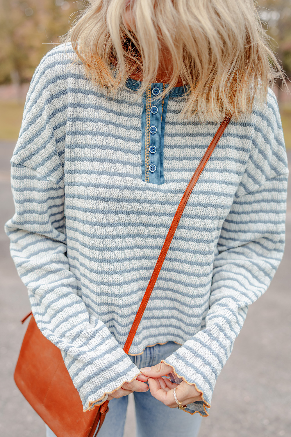 Sky Blue Stripe Textured Frilly Trim Buttons Henley Long Sleeve Top - loveforevers