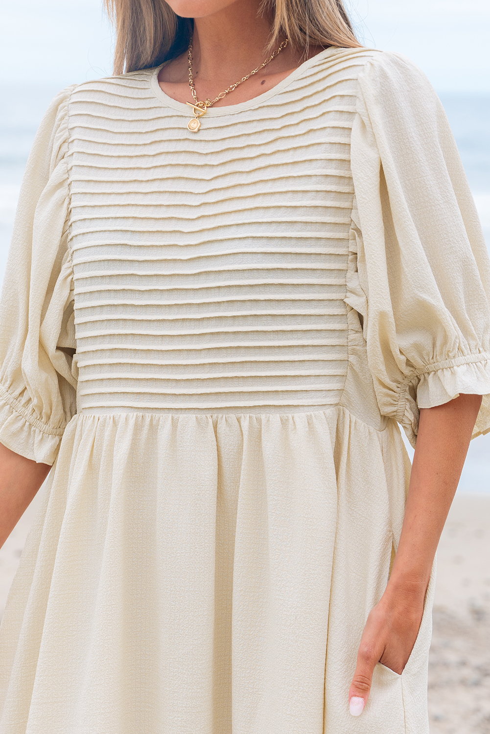 White Textured Ruffled Puff Sleeve Loose Dress - loveforevers