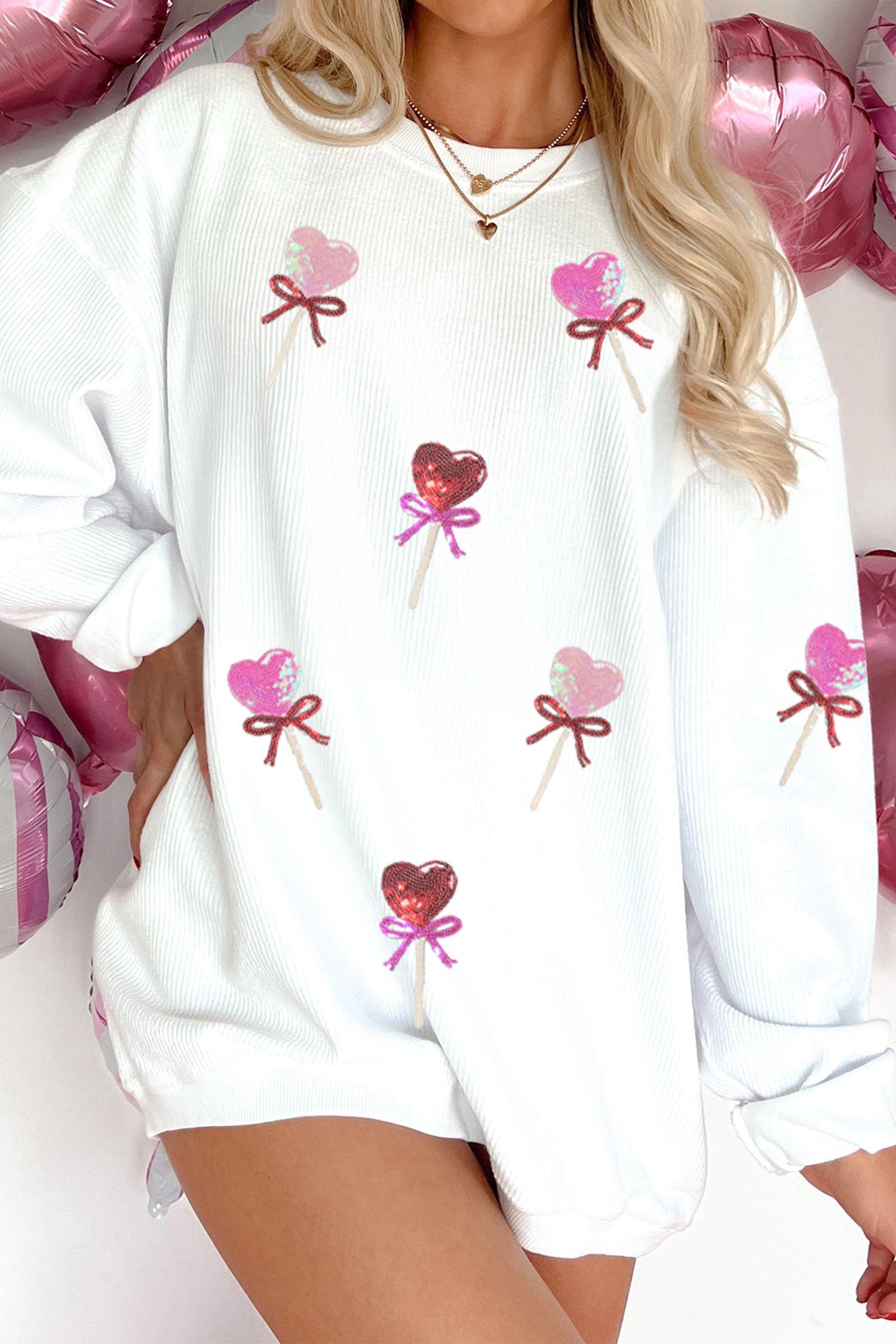 White Heart Lollipop Sequin Pattern Valentine Sweatshirt - loveforevers