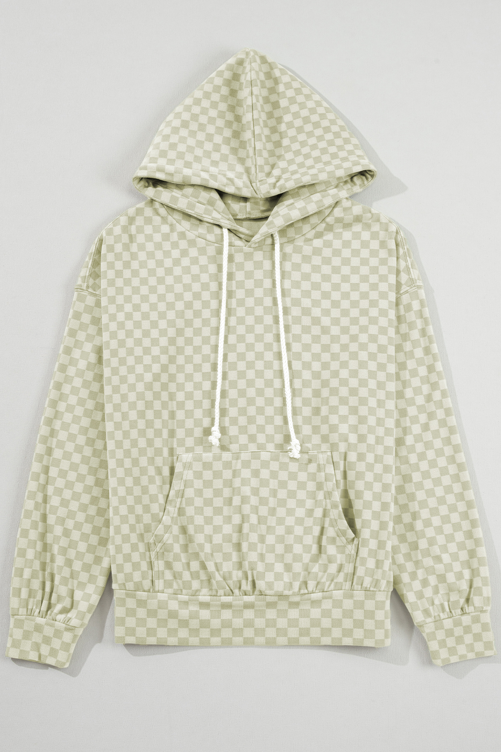 Khaki Checkered Print Kangaroo Pocket Drawstring Hoodie - loveforevers