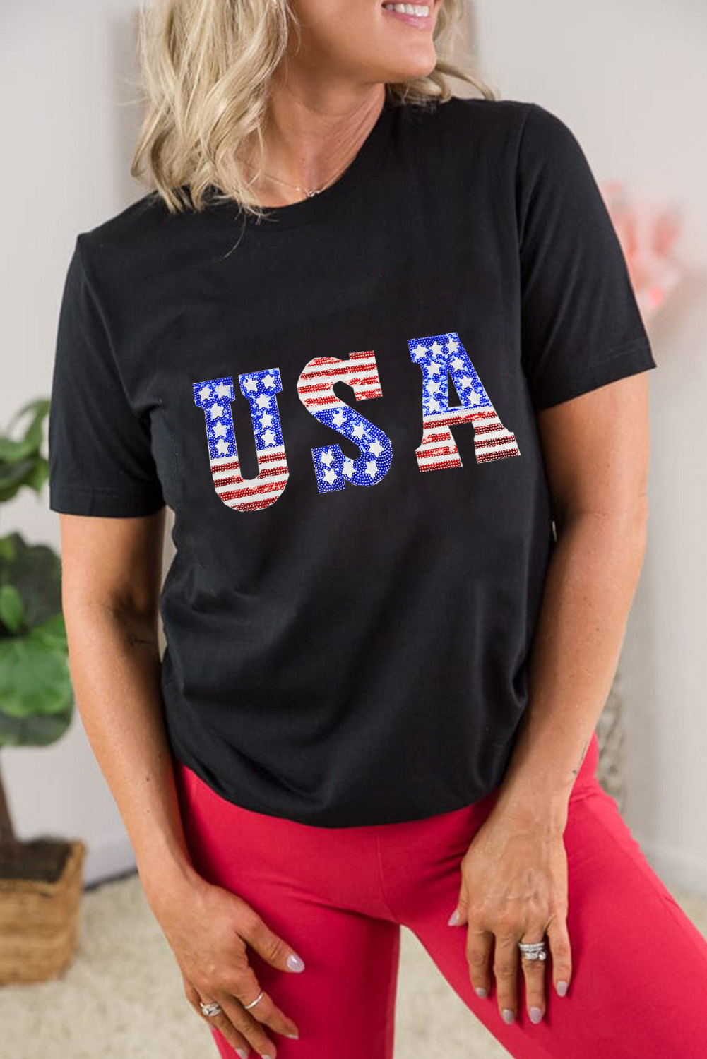Black USA Stars and Stripes Crew Neck Graphic Tee - loveforevers