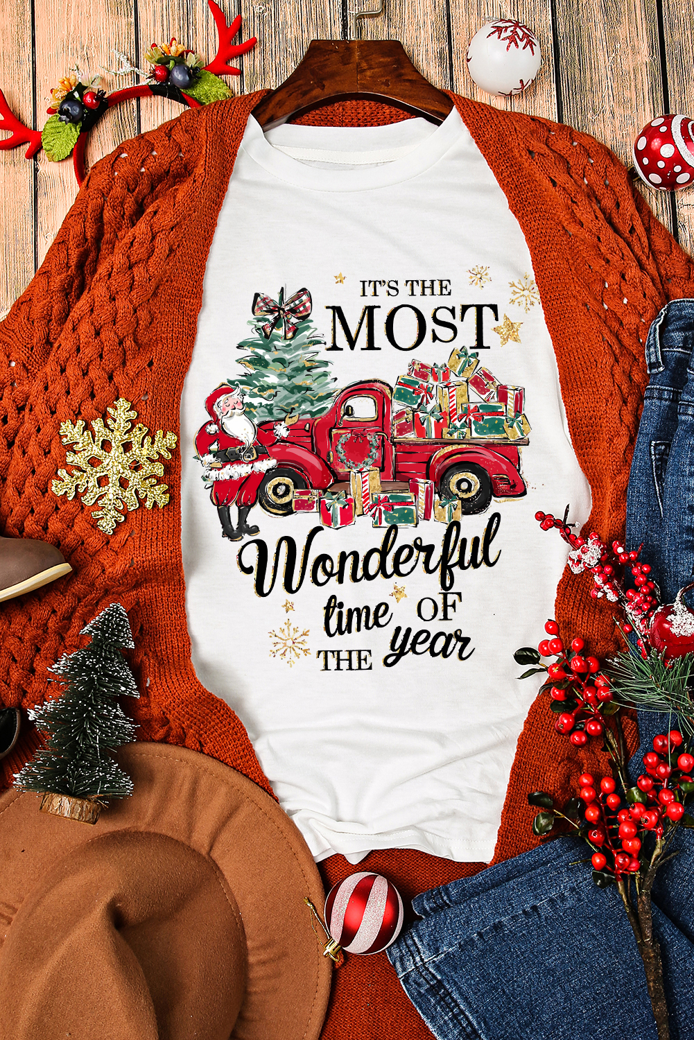 White Christmas Pattern Slogan Print Crew Neck T Shirt - loveforevers
